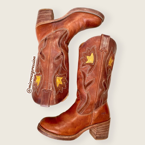 VINTAGE Frye Floral Inlay Cognac Boho Leather Chunky Heel Pull On Campus Boot - Picture 11 of 11